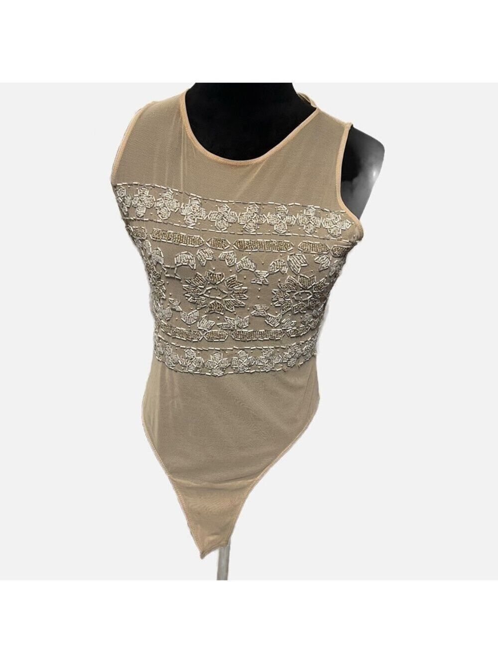 Escada By Margaretha Ley Beaded Nylon Bodysuit Sz S Cream Sleeveless Retro FLAW